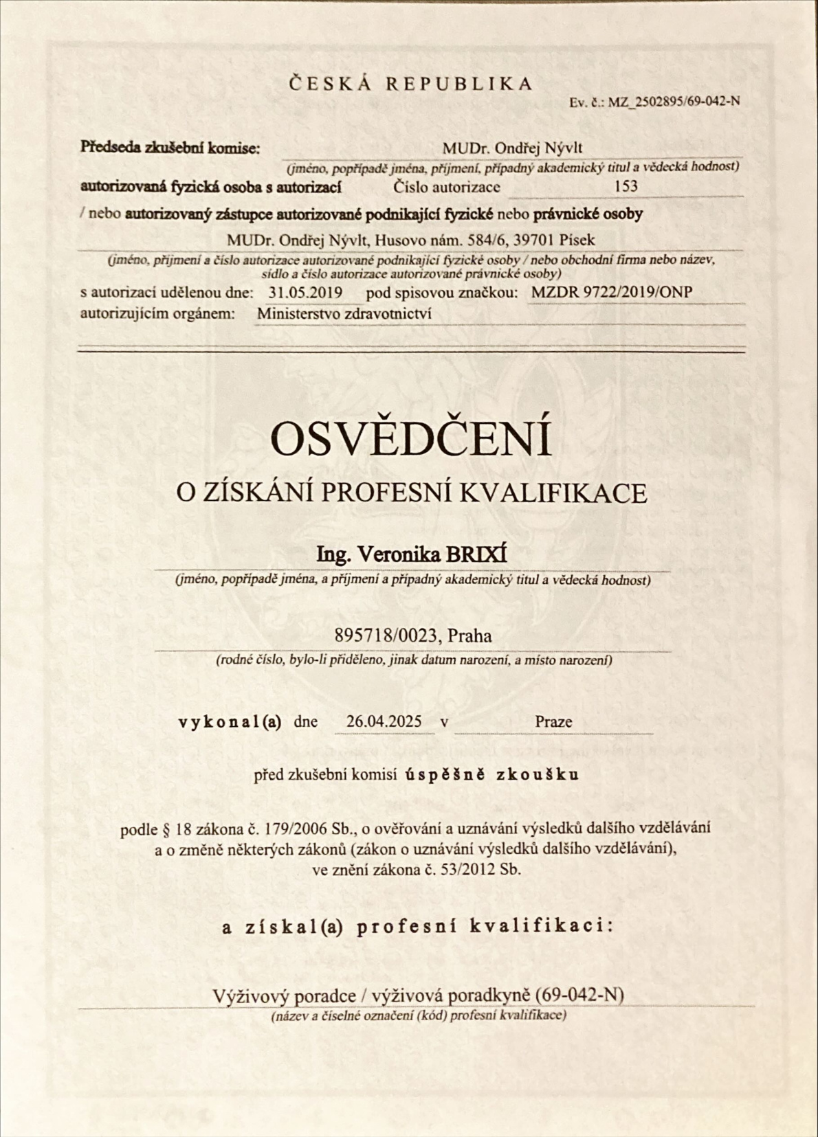 Certifikát — Výživový poradce