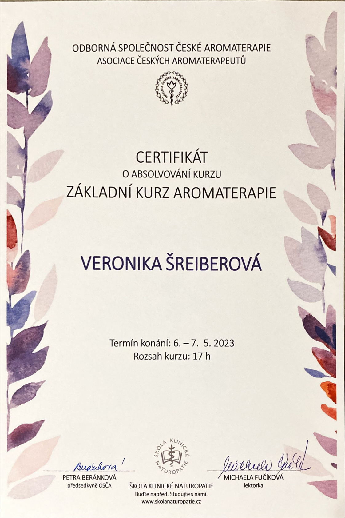 Certifikát — Aromaterapie