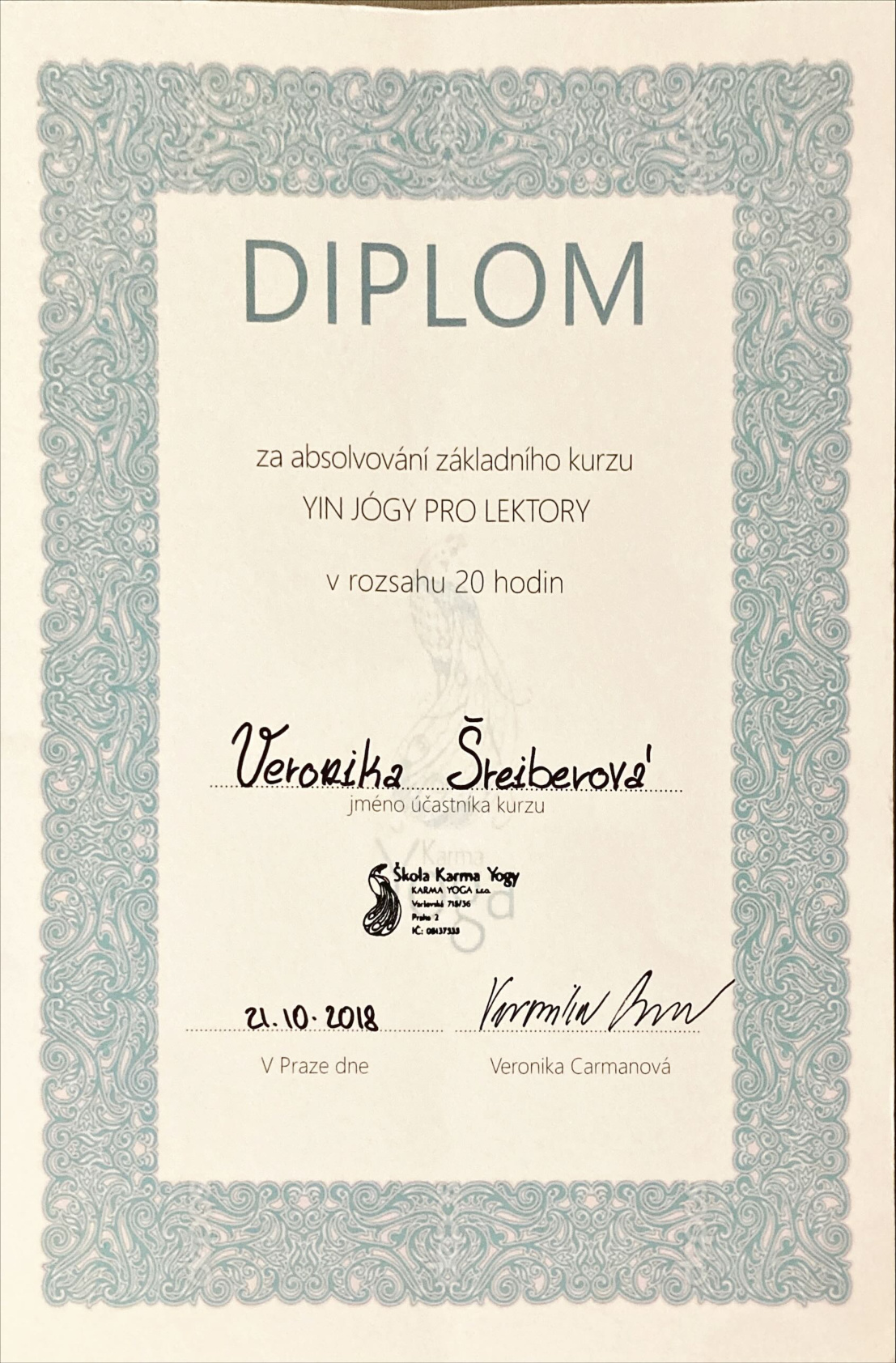 Certifikát — Yin jóga